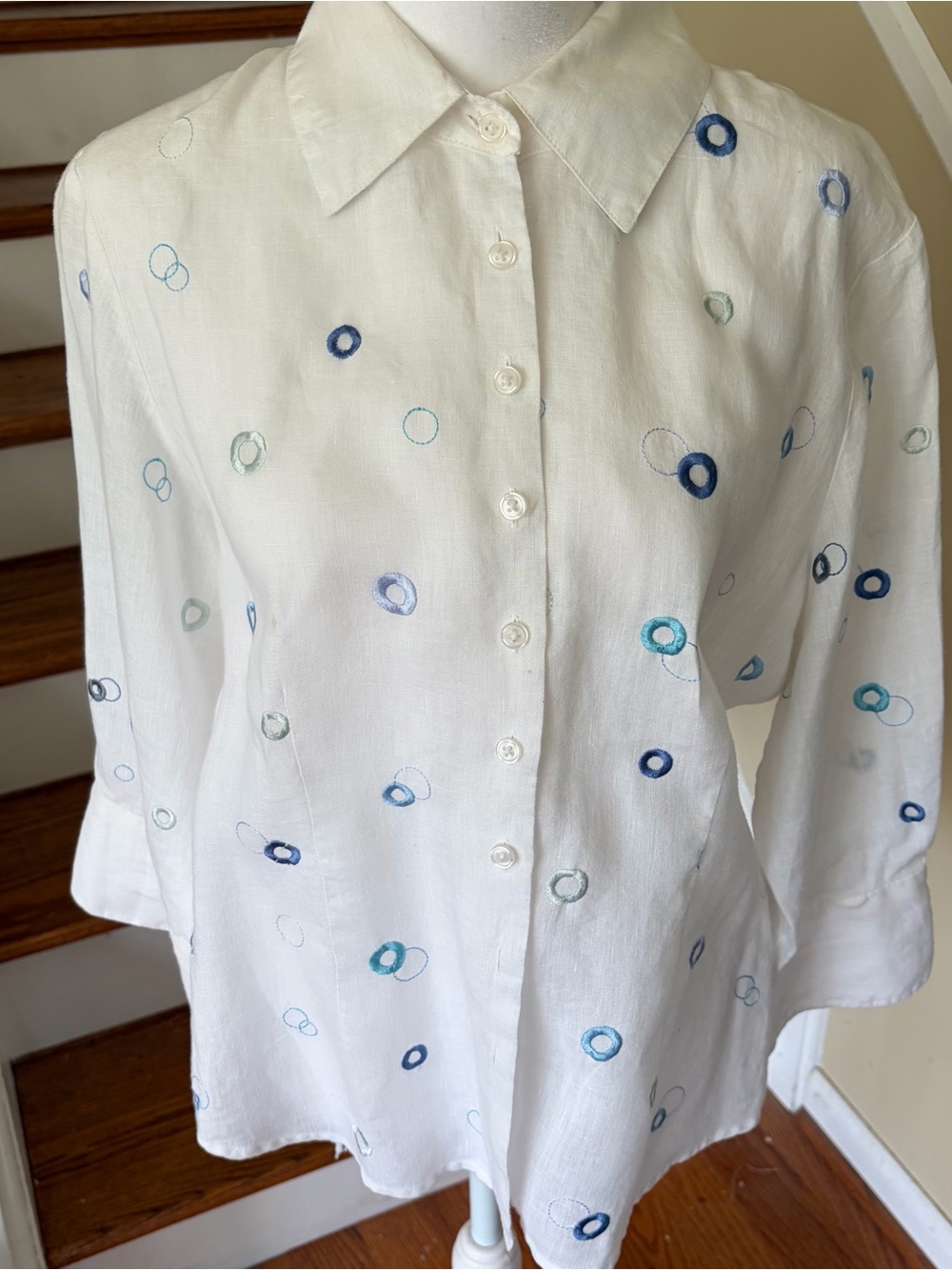 Alexandra Bartlett 100% Linen Embroidered Circle Blouse Button Coastal L Y2K